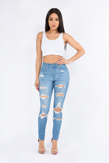Women's Essential Unreleased Hem High Waist Distressed Skinny Jeans