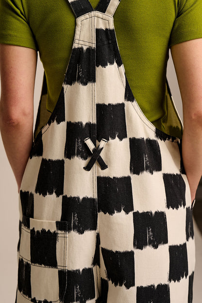 Toluca - Cotton Barrel Leg Dungarees in Black & Ecru Blurred Checkerboard