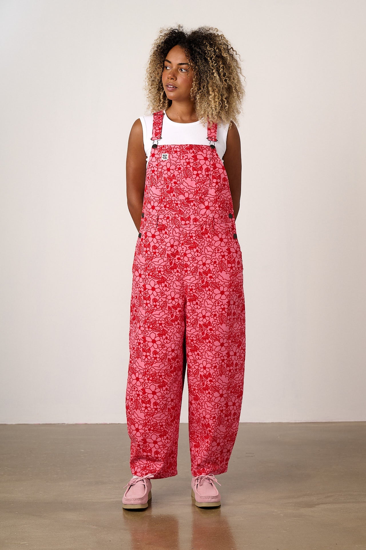 Toluca - Cotton Barrel Leg Dungarees in Pink & Red Kahlo Bloom