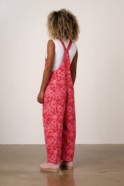 Toluca - Cotton Barrel Leg Dungarees in Pink & Red Kahlo Bloom