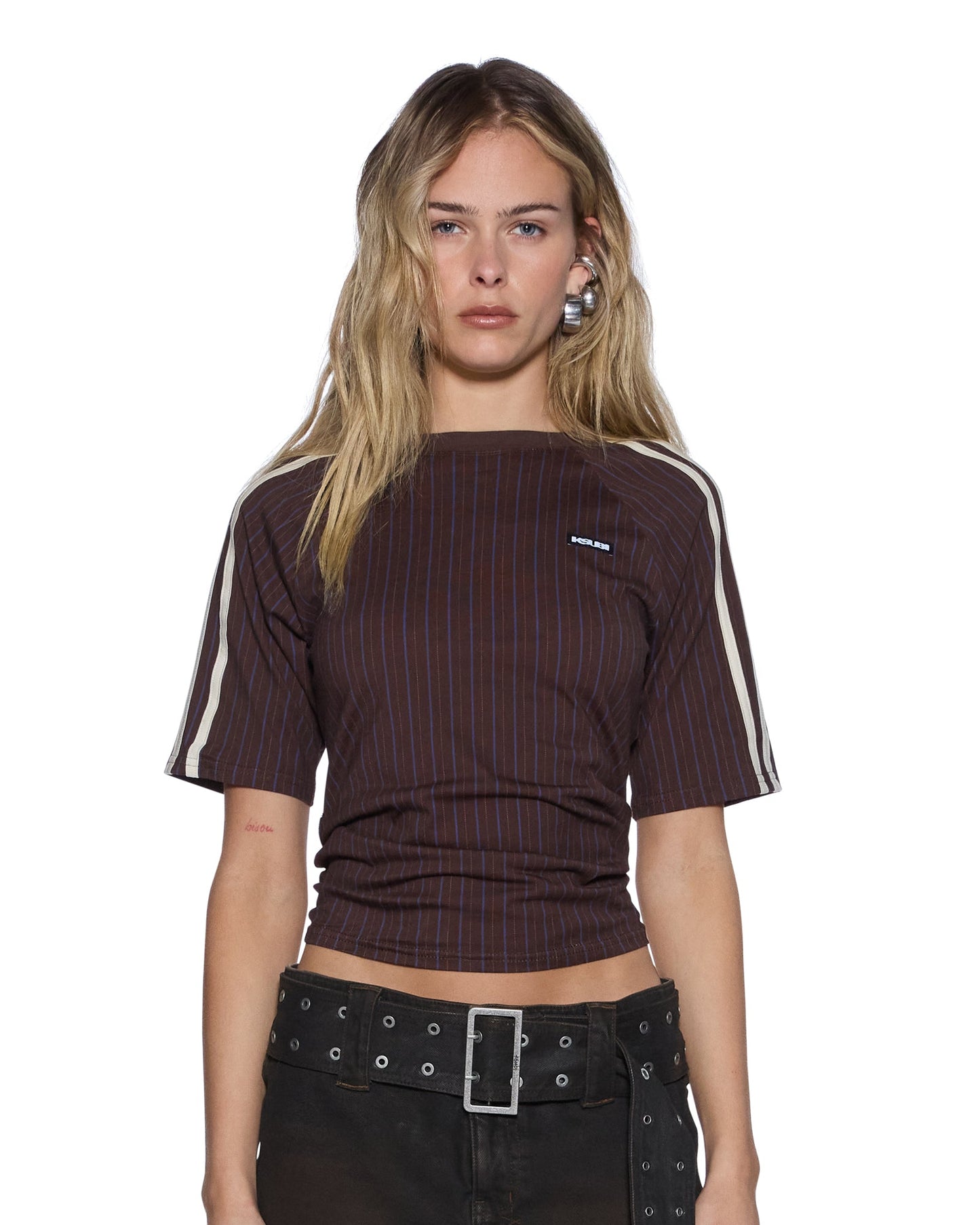 PORTER SS TOP CHOCOLATE PINSTRIPE