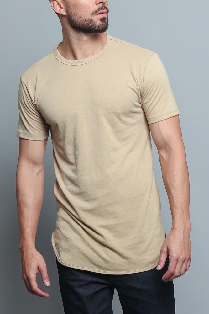 Solid Color Long Length Curved Hem T-Shirt