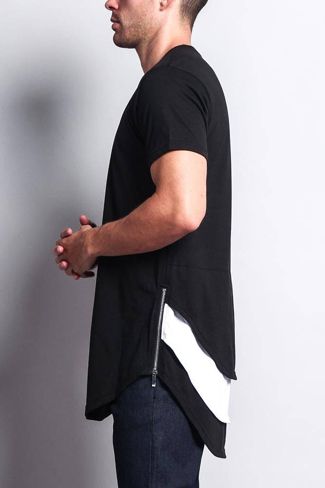 Triple Stacked Contrast Long Length Curved Hem T-Shirt