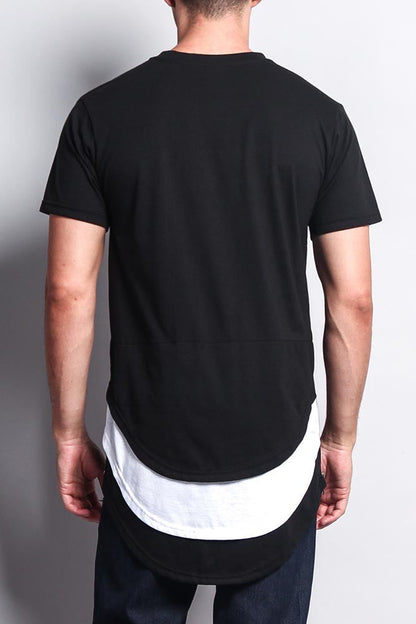 Triple Stacked Contrast Long Length Curved Hem T-Shirt