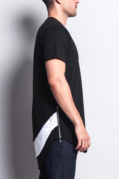 Triple Stacked Contrast Long Length Curved Hem T-Shirt