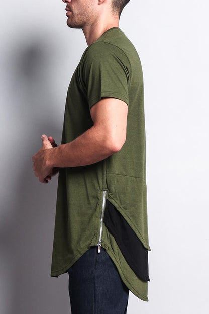 Triple Stacked Contrast Long Length Curved Hem T-Shirt