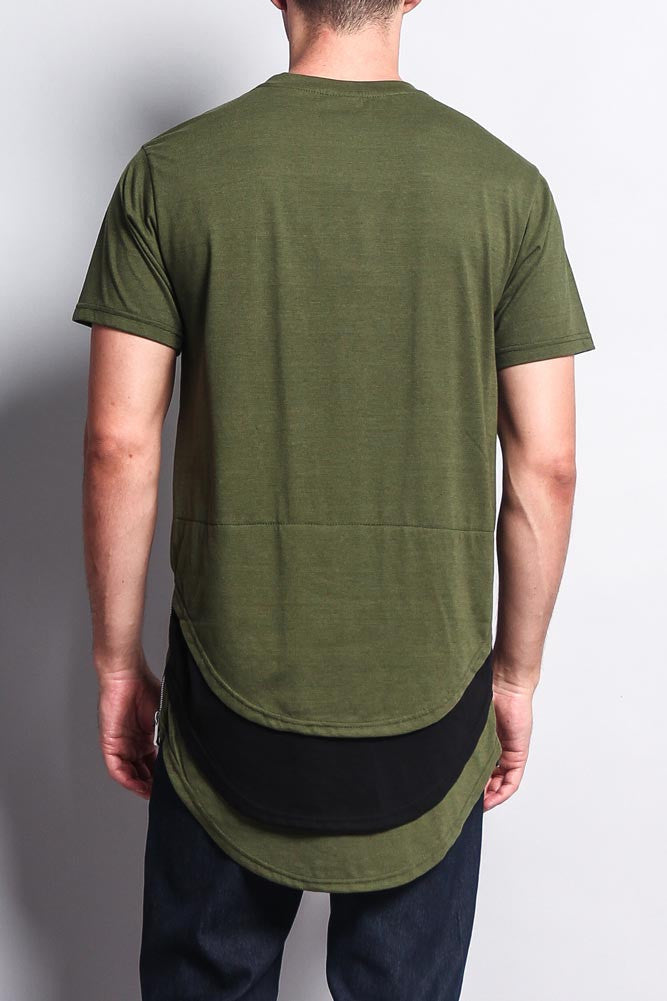 Triple Stacked Contrast Long Length Curved Hem T-Shirt
