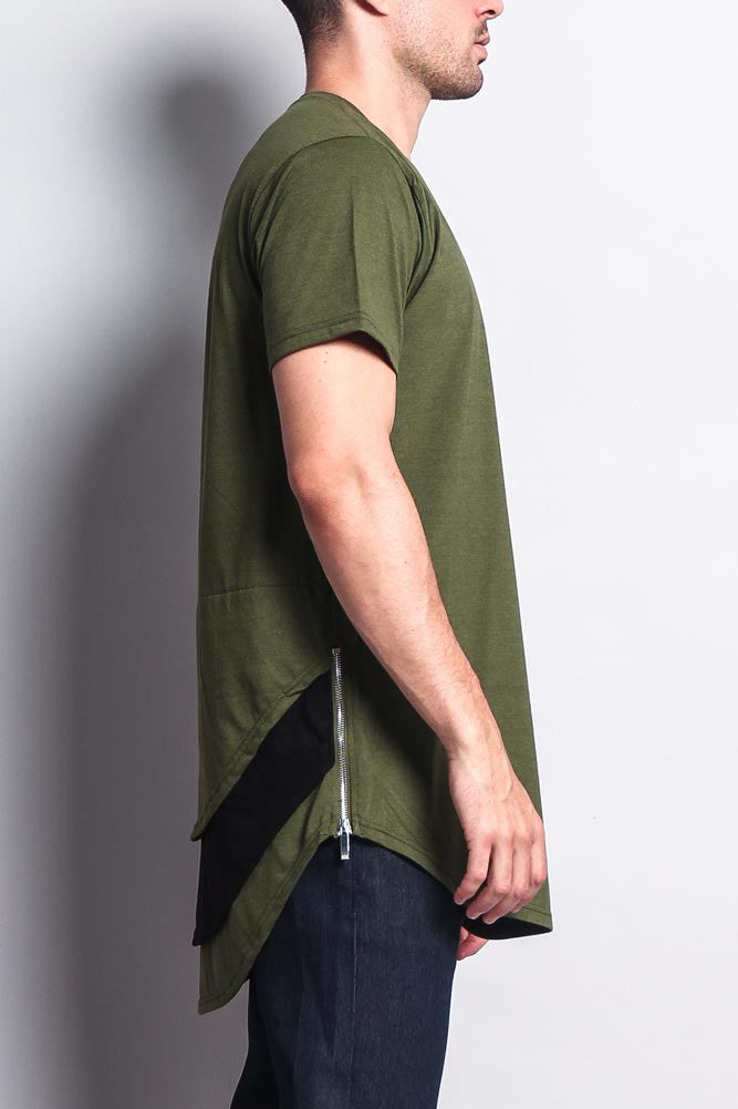 Triple Stacked Contrast Long Length Curved Hem T-Shirt