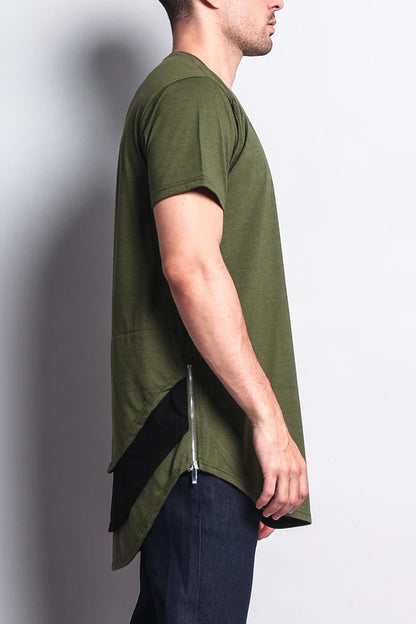 Triple Stacked Contrast Long Length Curved Hem T-Shirt