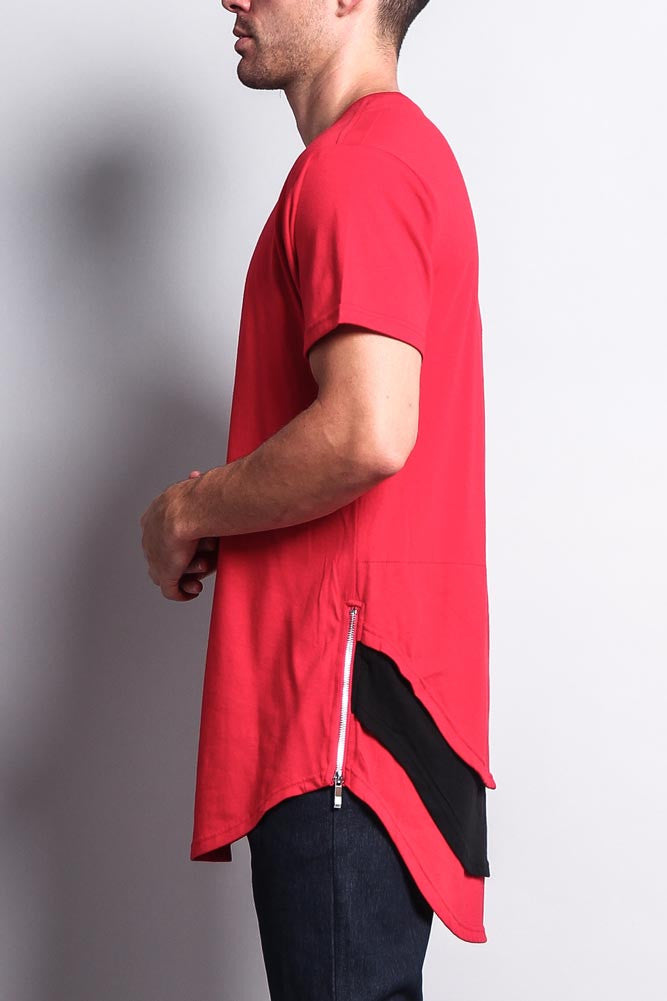 Triple Stacked Contrast Long Length Curved Hem T-Shirt