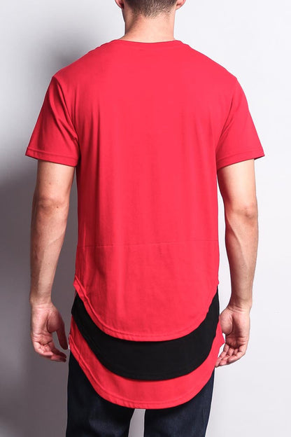 Triple Stacked Contrast Long Length Curved Hem T-Shirt