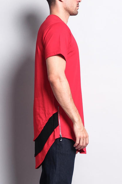 Triple Stacked Contrast Long Length Curved Hem T-Shirt