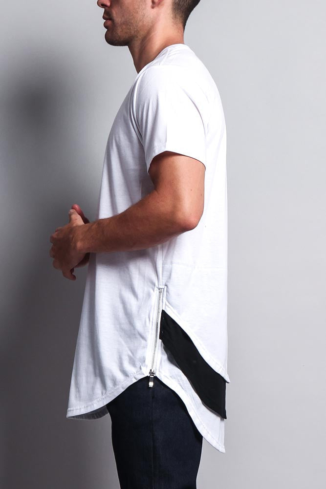 Triple Stacked Contrast Long Length Curved Hem T-Shirt