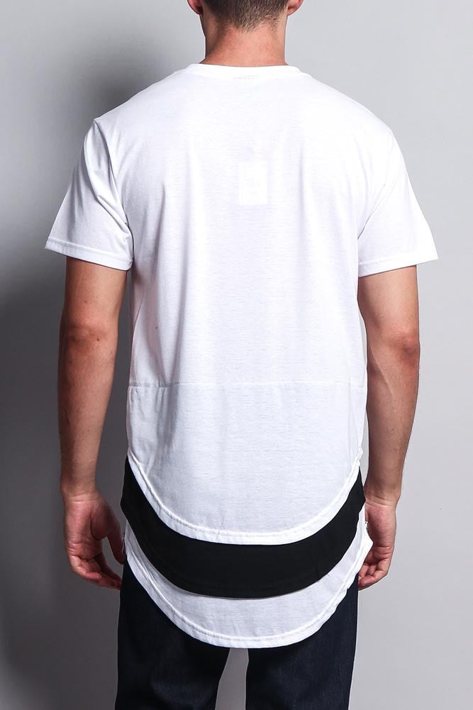 Triple Stacked Contrast Long Length Curved Hem T-Shirt