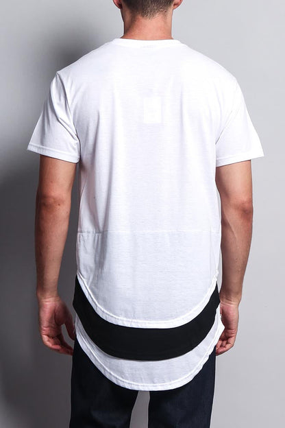 Triple Stacked Contrast Long Length Curved Hem T-Shirt