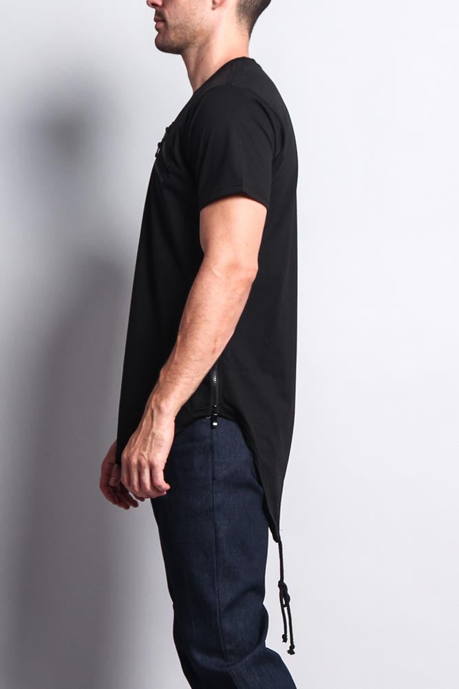 Chest Double Zipper Fishtail Long Length Curved Hem T-Shirt