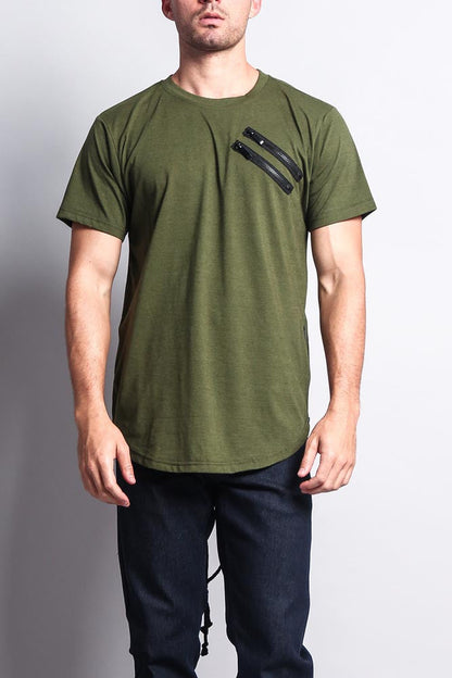 Chest Double Zipper Fishtail Long Length Curved Hem T-Shirt