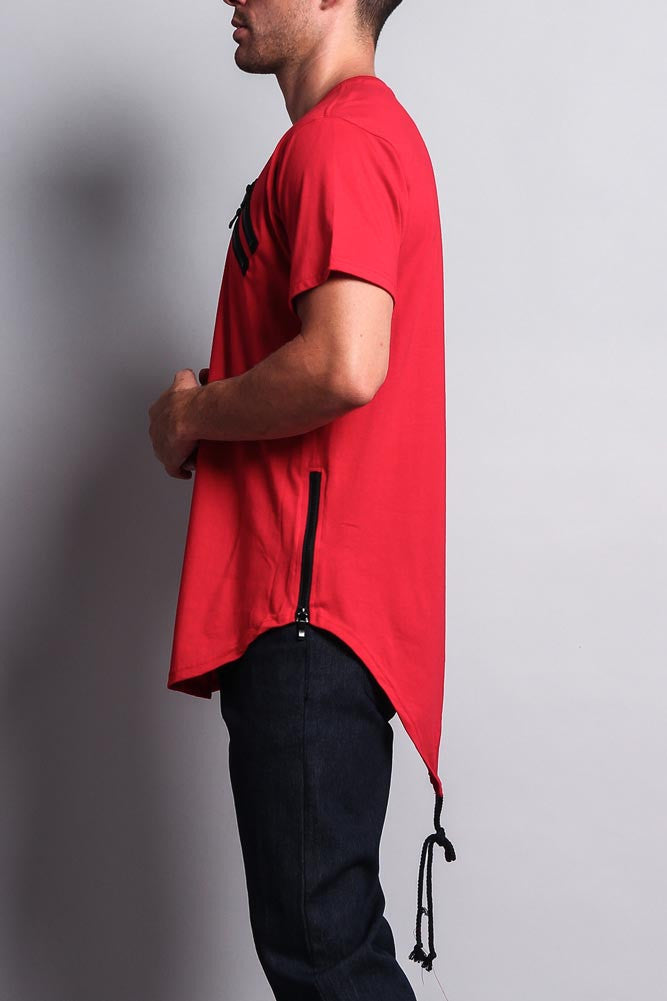 Chest Double Zipper Fishtail Long Length Curved Hem T-Shirt