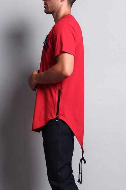 Chest Double Zipper Fishtail Long Length Curved Hem T-Shirt