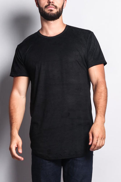 Perforated Faux Suede Long Length Curved Hem T-Shirt