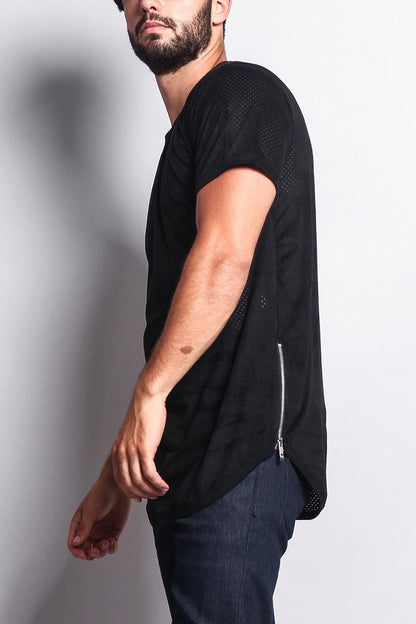 Perforated Faux Suede Long Length Curved Hem T-Shirt