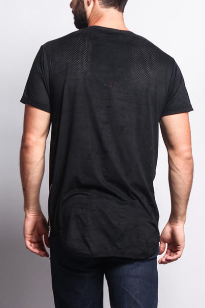 Perforated Faux Suede Long Length Curved Hem T-Shirt