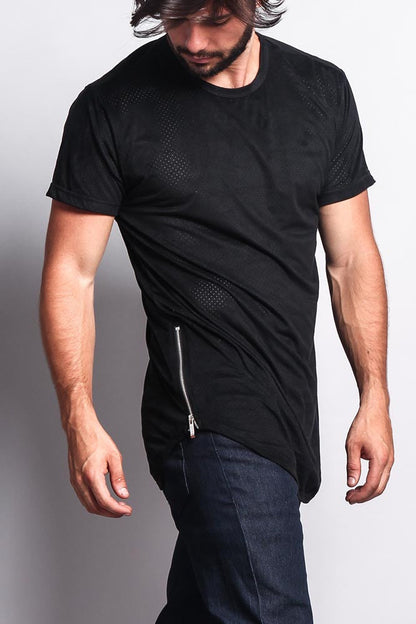 Perforated Faux Suede Long Length Curved Hem T-Shirt