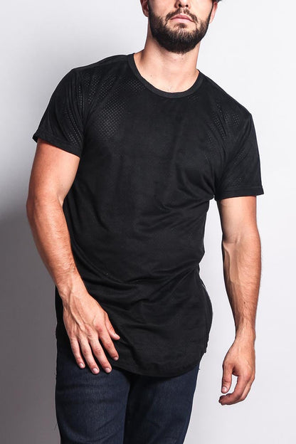 Perforated Faux Suede Long Length Curved Hem T-Shirt