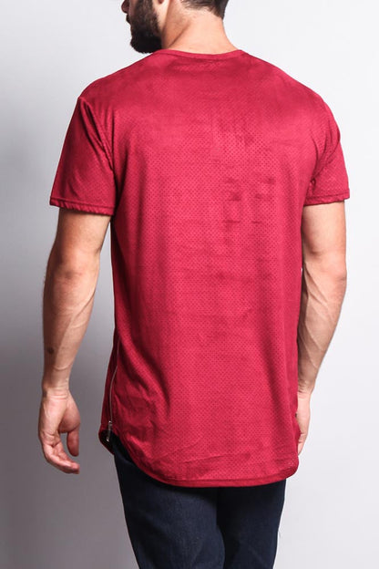 Perforated Faux Suede Long Length Curved Hem T-Shirt