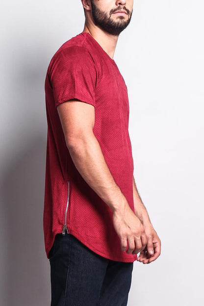 Perforated Faux Suede Long Length Curved Hem T-Shirt