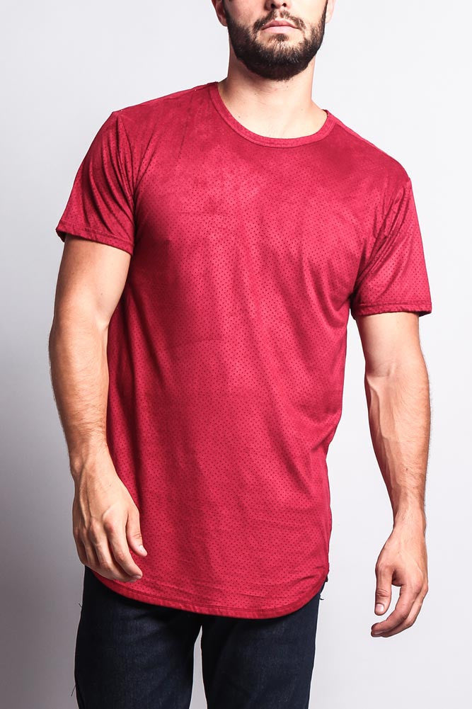 Perforated Faux Suede Long Length Curved Hem T-Shirt