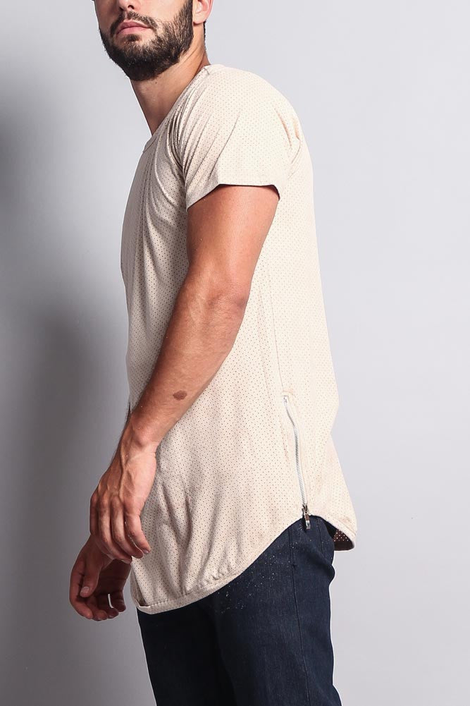 Perforated Faux Suede Long Length Curved Hem T-Shirt