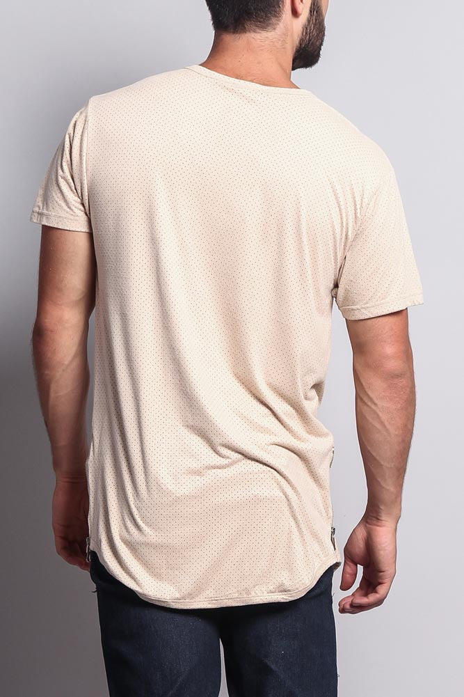 Perforated Faux Suede Long Length Curved Hem T-Shirt