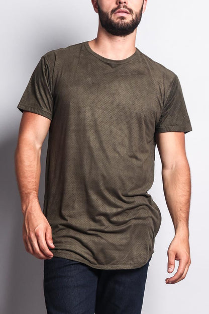 Perforated Faux Suede Long Length Curved Hem T-Shirt