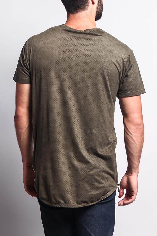 Perforated Faux Suede Long Length Curved Hem T-Shirt