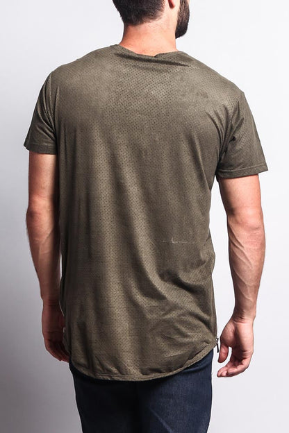 Perforated Faux Suede Long Length Curved Hem T-Shirt