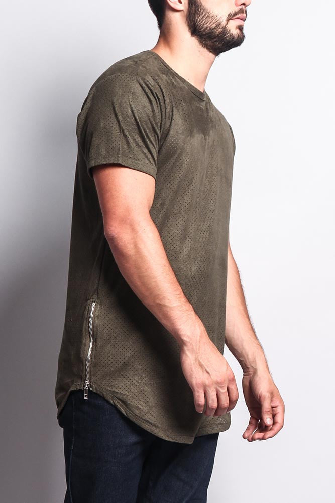 Perforated Faux Suede Long Length Curved Hem T-Shirt