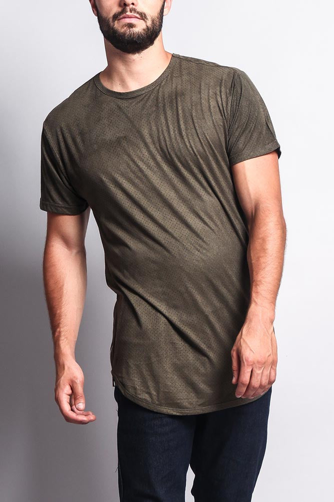 Perforated Faux Suede Long Length Curved Hem T-Shirt