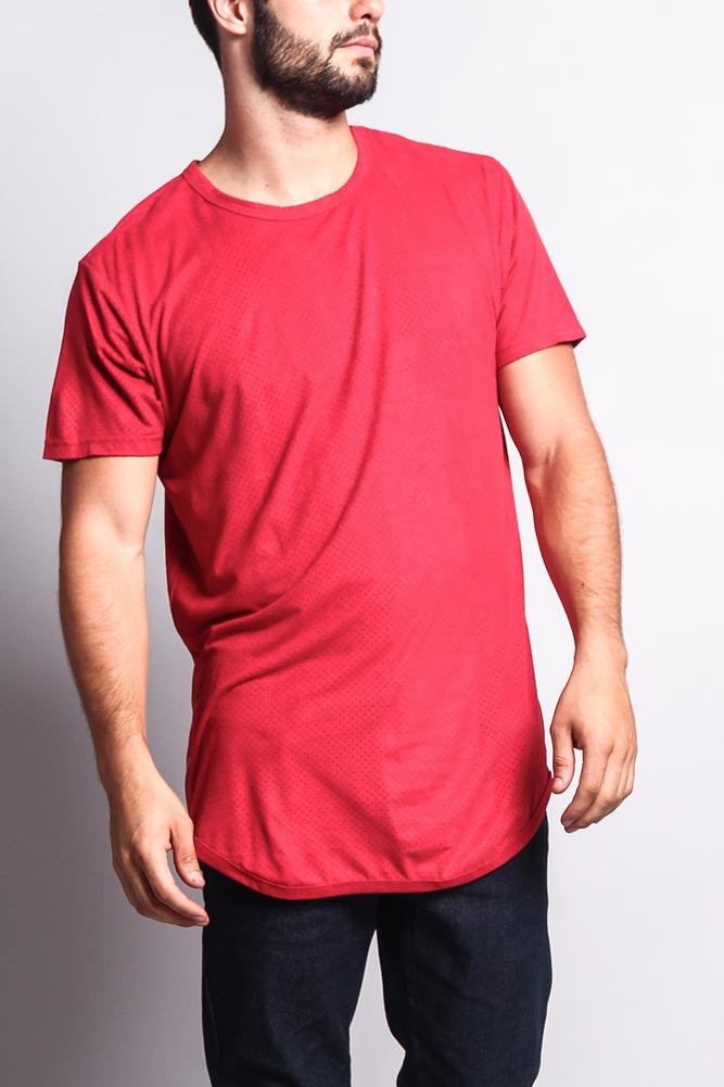 Perforated Faux Suede Long Length Curved Hem T-Shirt