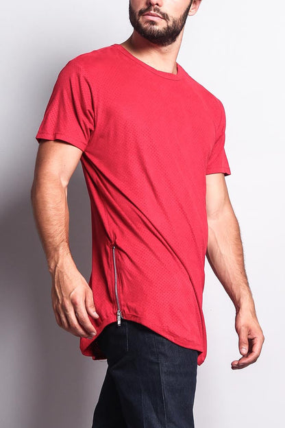 Perforated Faux Suede Long Length Curved Hem T-Shirt