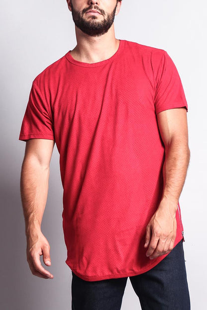 Perforated Faux Suede Long Length Curved Hem T-Shirt