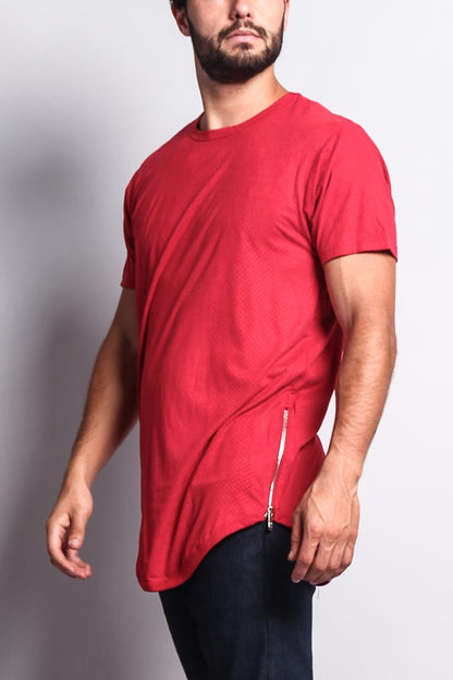 Perforated Faux Suede Long Length Curved Hem T-Shirt