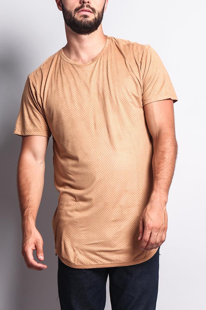Perforated Faux Suede Long Length Curved Hem T-Shirt