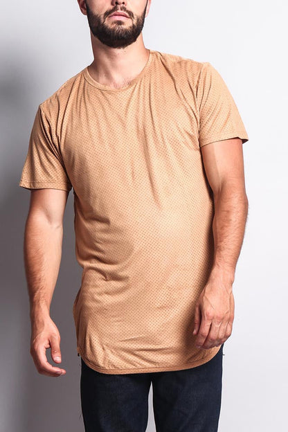 Perforated Faux Suede Long Length Curved Hem T-Shirt