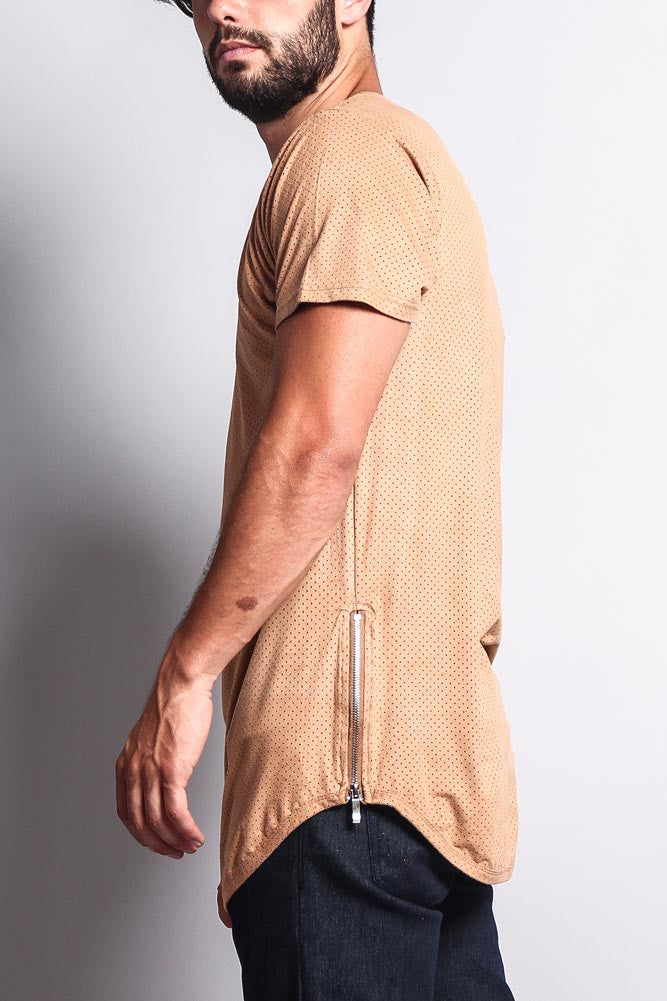 Perforated Faux Suede Long Length Curved Hem T-Shirt
