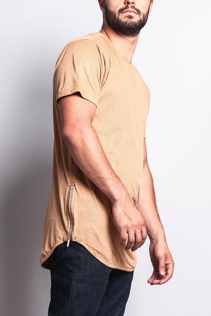 Perforated Faux Suede Long Length Curved Hem T-Shirt