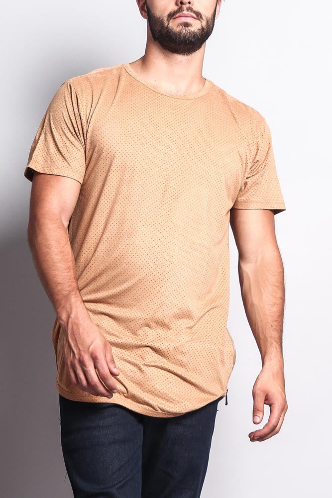 Perforated Faux Suede Long Length Curved Hem T-Shirt