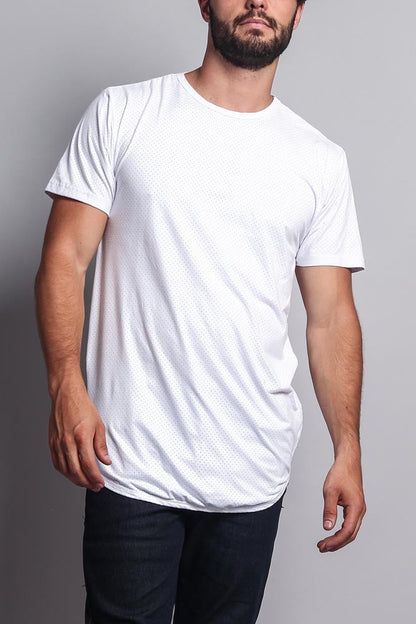 Perforated Faux Suede Long Length Curved Hem T-Shirt