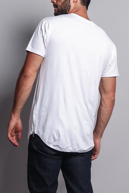 Perforated Faux Suede Long Length Curved Hem T-Shirt