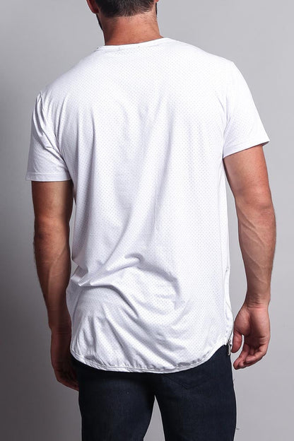 Perforated Faux Suede Long Length Curved Hem T-Shirt